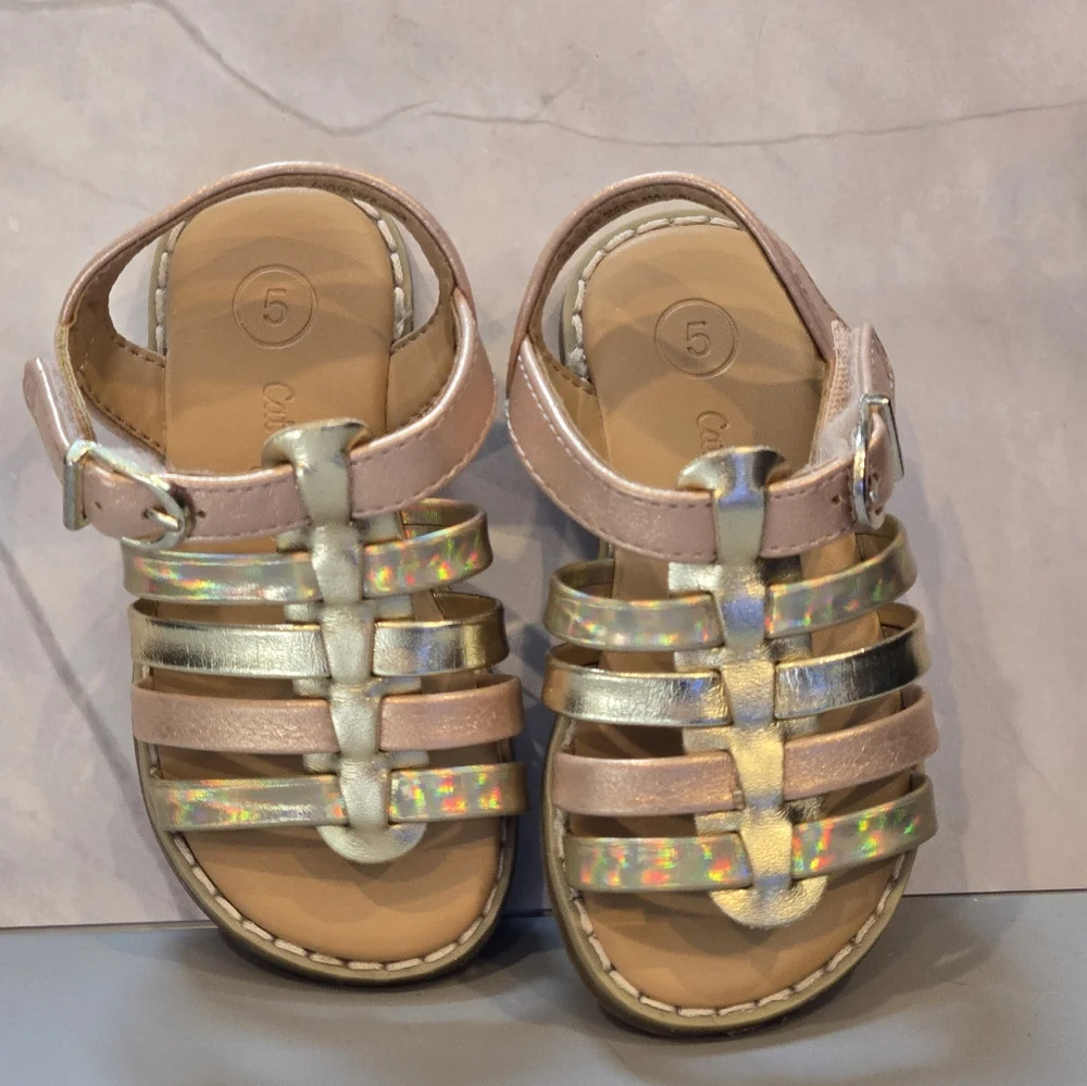 Cat & Jack Toddler Girls Metallic Holographic Gladiator Sandals Gold Rose Size 5